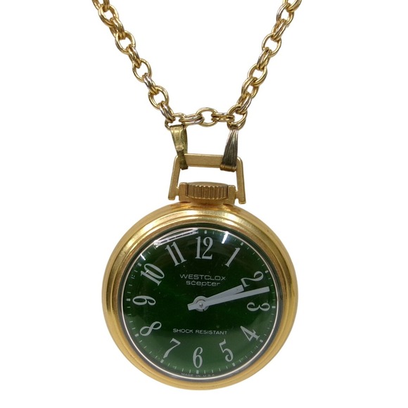 Westclox Scepter Green Face Gold Tone Pendant Necklace Watch Vintage - Picture 1 of 4